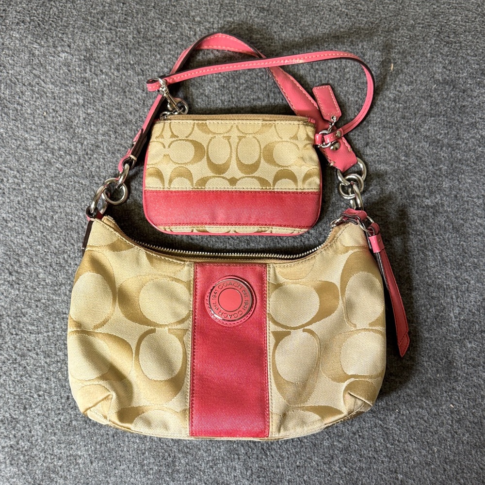 Coach‎ Signature Canvas Mini Hobo Bag & Matching Wristlet Set Pink/Coral Stripe